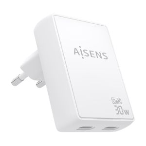 AISENS Cargador De Pared GaN Ultra Delgado 30W, 2xUSB-C PD3.0 QC4.0, Blanco