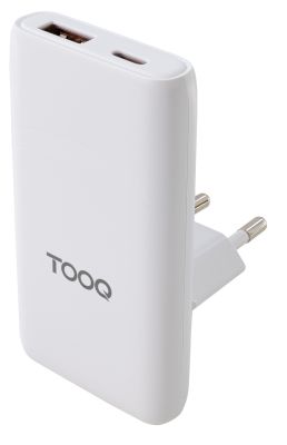 TooQ Cargador de viaje Tipo C y Tipo A, GaN 65W, USB-C/PD + USB-A/QC, Blanco