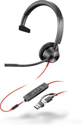 POLY Auriculares monoaurales Blackwire 3315 con certificación Microsoft Teams USB-C + Conector de 3,5 mm + Adaptador USB-C/A