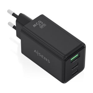 AISENS Cargador GaN 65W, 2xUSB-C PD3.0 QC4.0, 1xUSB-A QC3.0, Negro