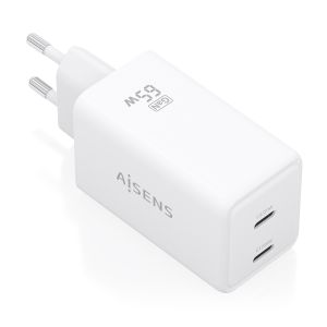 AISENS Cargador GaN 65W, 2xUSB-C PD3.0 QC4.0, Blanco