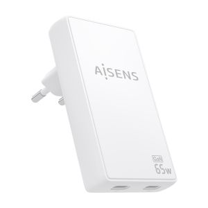 AISENS Cargador De Pared GaN Ultra Delgado 65W, 2xUSB-C PD3.0 QC4.0, Blanco