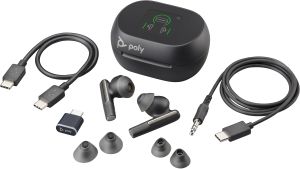 POLY Intrauriculares Voyager Free 60+ UC color Negro Carbono +Adaptador USB_C BT700 +Estuche de carga con pantalla táctil