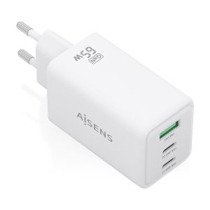 AISENS Cargador GaN 65W, 2xUSB-C PD3.0 QC4.0, 1xUSB-A QC3.0, Blanco