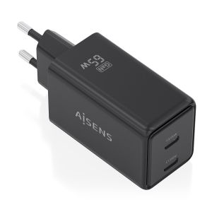 AISENS Cargador GaN 65W, 2xUSB-C PD3.0 QC4.0, Negro