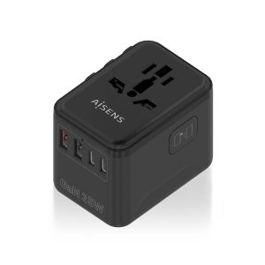 AISENS Adaptador Enchufe Universal Para Viaje EU/USA/UK/AU Con Cargador USB GaN, 2xUSB-A (A1 QC3.0), 3xUSB-C (C1 PD3.0) 35W, Negro