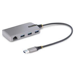 StarTech.com Hub USB de 3 Puertos USBA - USB 3.0 de 5Gbps - Alimentado por el Bus - Concentrador USB de 3 Puertos USB-A - Ladrón USB Portátil - Cable 30cm - Red Ethernet RJ45 1Gb