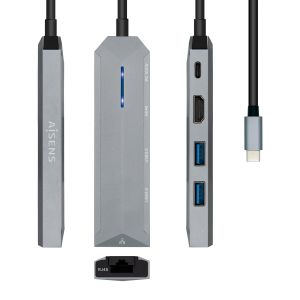 AISENS USB-C dock 5 en 1, USB-C a 1xHDMI, 1xRJ45, 2xUSB, 1xPD, Gris, 15 cm