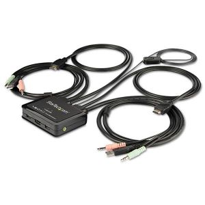StarTech.com Switch Conmutador KVM de 2 Puertos HDMI - 4K de 60Hz - Switch Conmutador Selector KVM Compacto de Sobremesa Ultra HD UHD con 2 Salidas de Vídeo - con Cables de 1,2m y Audio Incorporado - Conmutado Remoto y Alimentado por el Bus - para MacBook