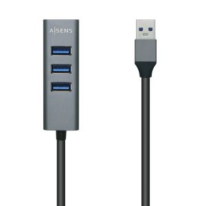 AISENS Hub USB3.0 Aluminio, Tipo A/M - 4x Tipo A/H, Negro, 10 cm