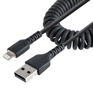 StarTech.com Cable de 1m USB a Lightning con Certificación MFi, Cable Rizado de Carga para iPhone, Negro, con Recubrimiento de TPE, Núcleo de Fibra de Aramida, Cable Lightning Rizado