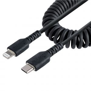StarTech.com Cable de 1m USB-C a Lightning MFi, Cable USB Tipo C Rizado de Carga Negro para iPhone, con Recubrimiento de TPE, Núcleo de Fibra de Aramida, Cable Lightning Rizado a USBC