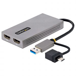 StarTech.com Adaptador de USB a HDMI Doble, USB A/C a 2 Pantallas HDMI (1x 4K30Hz, 1x 1080p), Dongle Integrado USB-A a C, Cable de 11cm, Adaptador USB 3.0 a HDMI, Windows y macOS